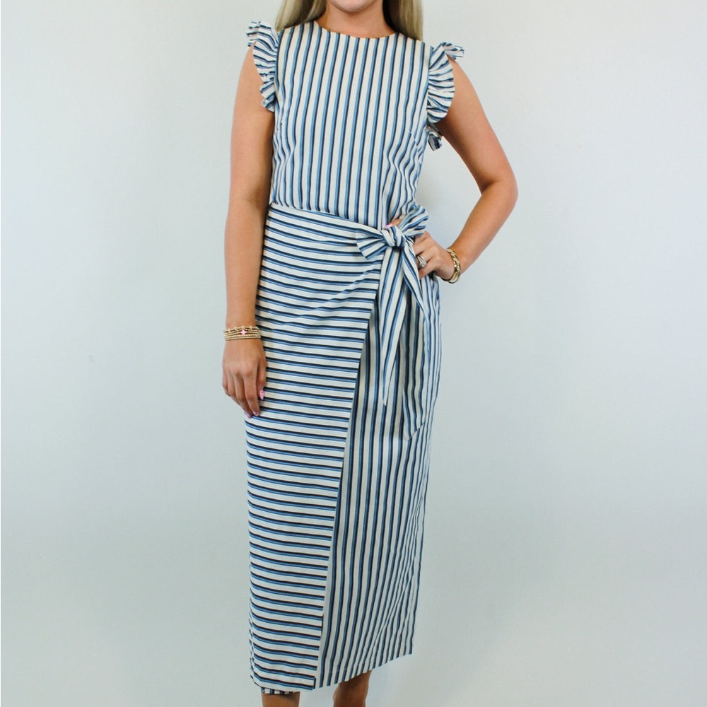 Cleobella Blue and White Striped Midi Dress